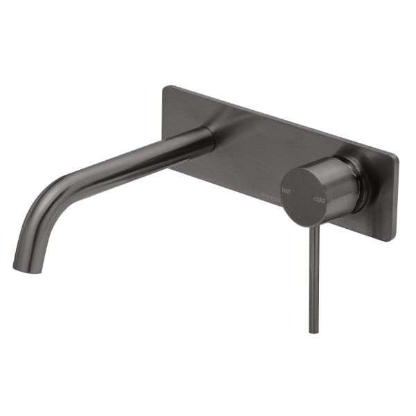 Phoenix Vivid Slimline wall basin mixer set, brushed carbon, curved spout and slim lever handle on rectangular backplate