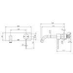 Phoenix Vivid Slimline wall basin set technical drawing, brushed carbon, with 200mm plate and 180mm curved outlet, side and front views