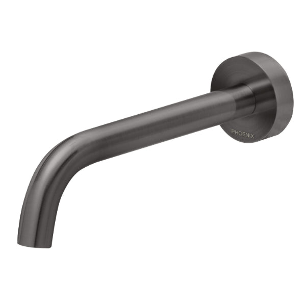Phoenix Vivid Slimline wall basin outlet, curved brushed carbon spout, wall-mounted, side view on white background