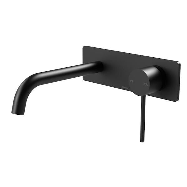 Phoenix Vivid Slimline wall basin/bath set, matte black, with 180mm spout and slim lever handle on wall plate