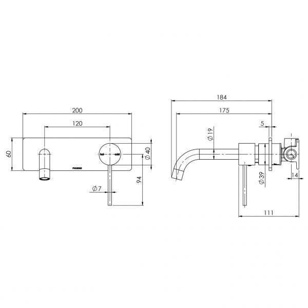 Technical drawing of a Phoenix Vivid Slimline wall basin/bath mixer set, curved 180mm outlet, brushed carbon finish, with dimensions
