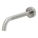 Phoenix Vivid Slimline wall bath outlet, curved 180mm in brushed nickel, wall-mounted fixed spout above white background
