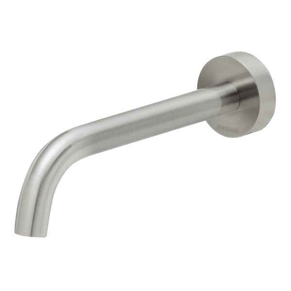 Phoenix Vivid Slimline wall bath outlet, curved 180mm in brushed nickel, wall-mounted fixed spout above white background