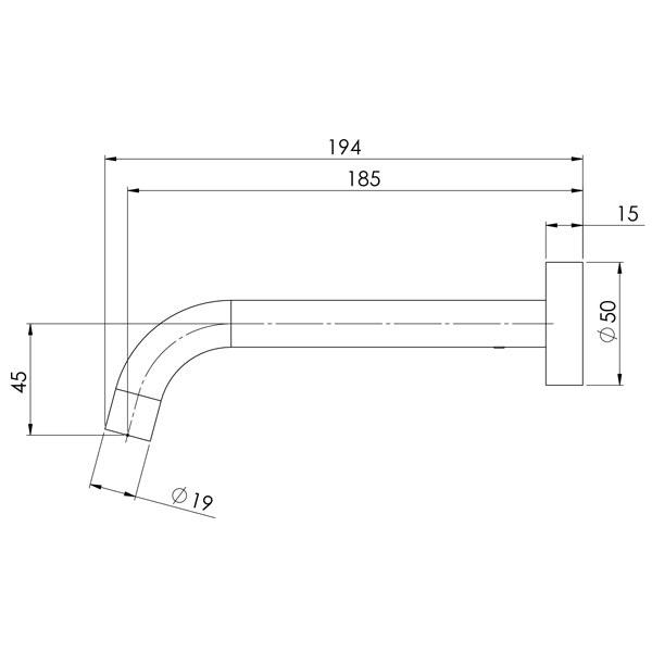 Phoenix Vivid Slimline wall bath outlet technical drawing, curved 180mm spout in brushed nickel with wall plate dimensions shown