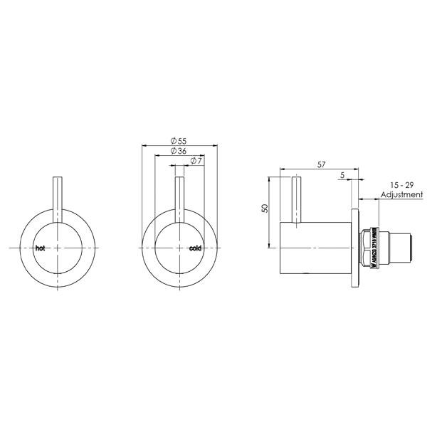 Phoenix Vivid Slimline wall top assembly technical drawing in matte black, showing front and side dimensions with hot and cold taps