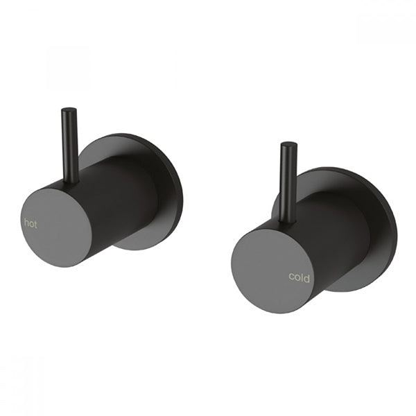Phoenix Vivid Slimline wall top assemblies in matte black, with slim pin lever hot and cold taps shown front-on
