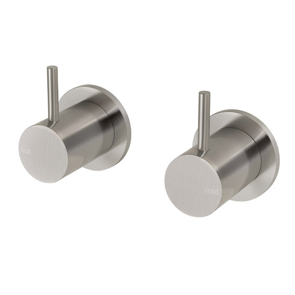 Pair of Phoenix Vivid Slimline wall top assemblies in brushed nickel, with slim pin lever handles, shown on white background