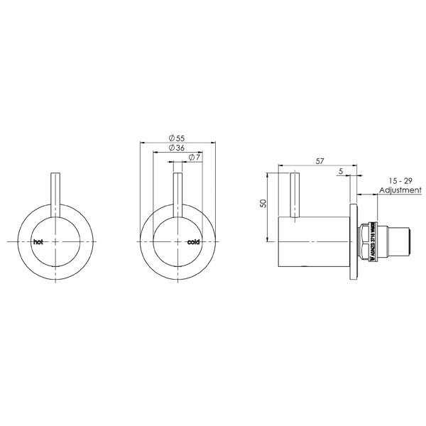 Technical drawing of Phoenix Vivid Slimline wall tap assemblies in brushed gold, showing front and side views with dimensions and 15–29mm adjustment