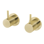 Phoenix Vivid Slimline wall top tap assemblies in brushed gold, pair of round wall-mounted taps with pin levers