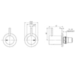 Phoenix Vivid Slimline wall top assembly technical drawing, brushed nickel, with hot and cold tap front and side views and dimensions