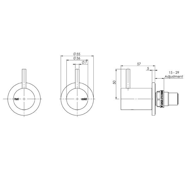 Phoenix Vivid Slimline wall top assembly technical drawing, brushed nickel, with hot and cold tap front and side views and dimensions