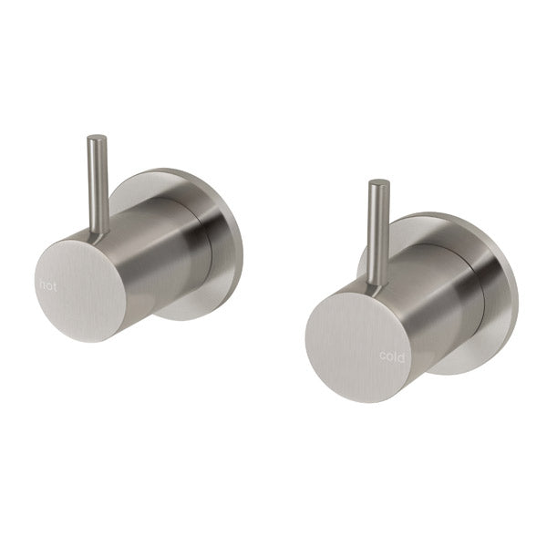 Phoenix Vivid Slimline wall top assemblies, brushed nickel, shown as hot and cold wall-mounted taps with slim lever handles.