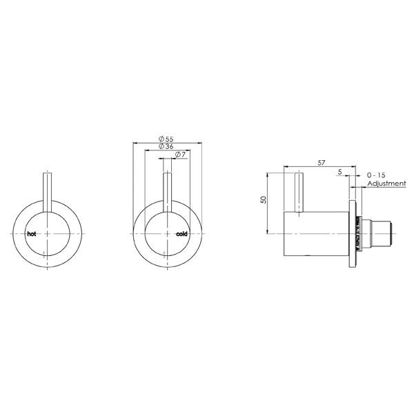 Phoenix Vivid Slimline wall top assemblies technical drawing showing hot, cold and side dimensions in brushed gold finish