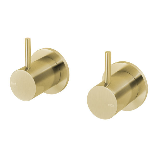 Phoenix Vivid Slimline pair of brushed gold wall top taps with slim pin lever handles, hot and cold set on white background