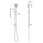 Phoenix Vivid Slimline water through rail hand shower technical drawing, brushed carbon, wall-mounted rail shower with dimensions displayed
