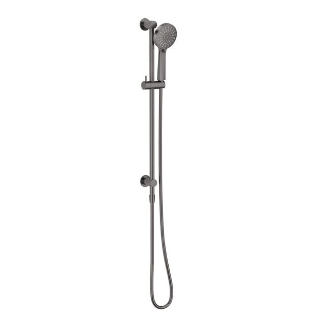 Phoenix Vivid Slimline rail shower in brushed carbon with handheld shower and wall-mounted rail