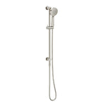 Phoenix Vivid Slimline brushed nickel rail shower with hand shower and hose, front view on white background