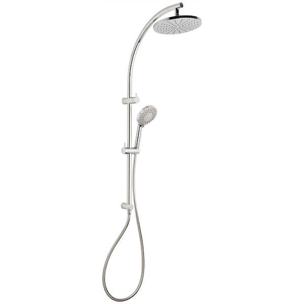 Phoenix Vivid twin rail shower in chrome with round overhead drencher and hand shower on rail, front view on white background