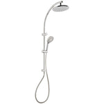 Phoenix Vivid twin rail shower in chrome with round overhead drencher and hand shower on rail, front view on white background