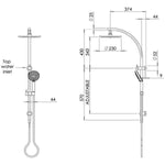 Phoenix Vivid twin shower brushed gold technical drawing, showing overhead rain shower, hand shower on rail and dimensions