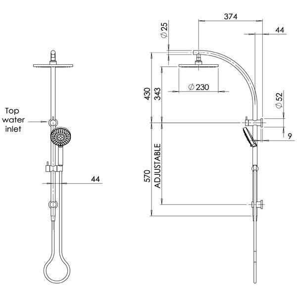 Phoenix Vivid twin shower brushed gold technical drawing, showing overhead rain shower, hand shower on rail and dimensions