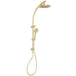 Phoenix Vivid twin shower in brushed gold, with round overhead rain head and hand shower on rail, front view on white background