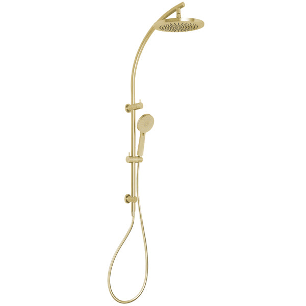 Phoenix Vivid twin shower in brushed gold, with round overhead rain head and hand shower on rail, front view on white background