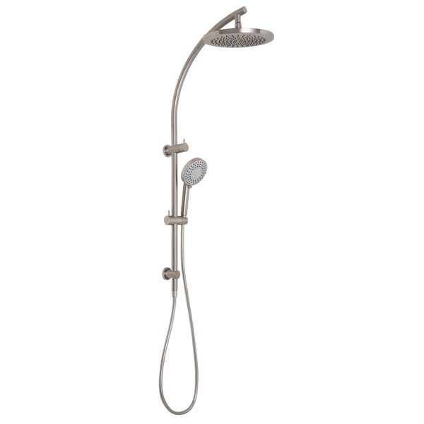 Phoenix Vivid twin shower in brushed nickel, with round overhead drencher and hand shower on rail