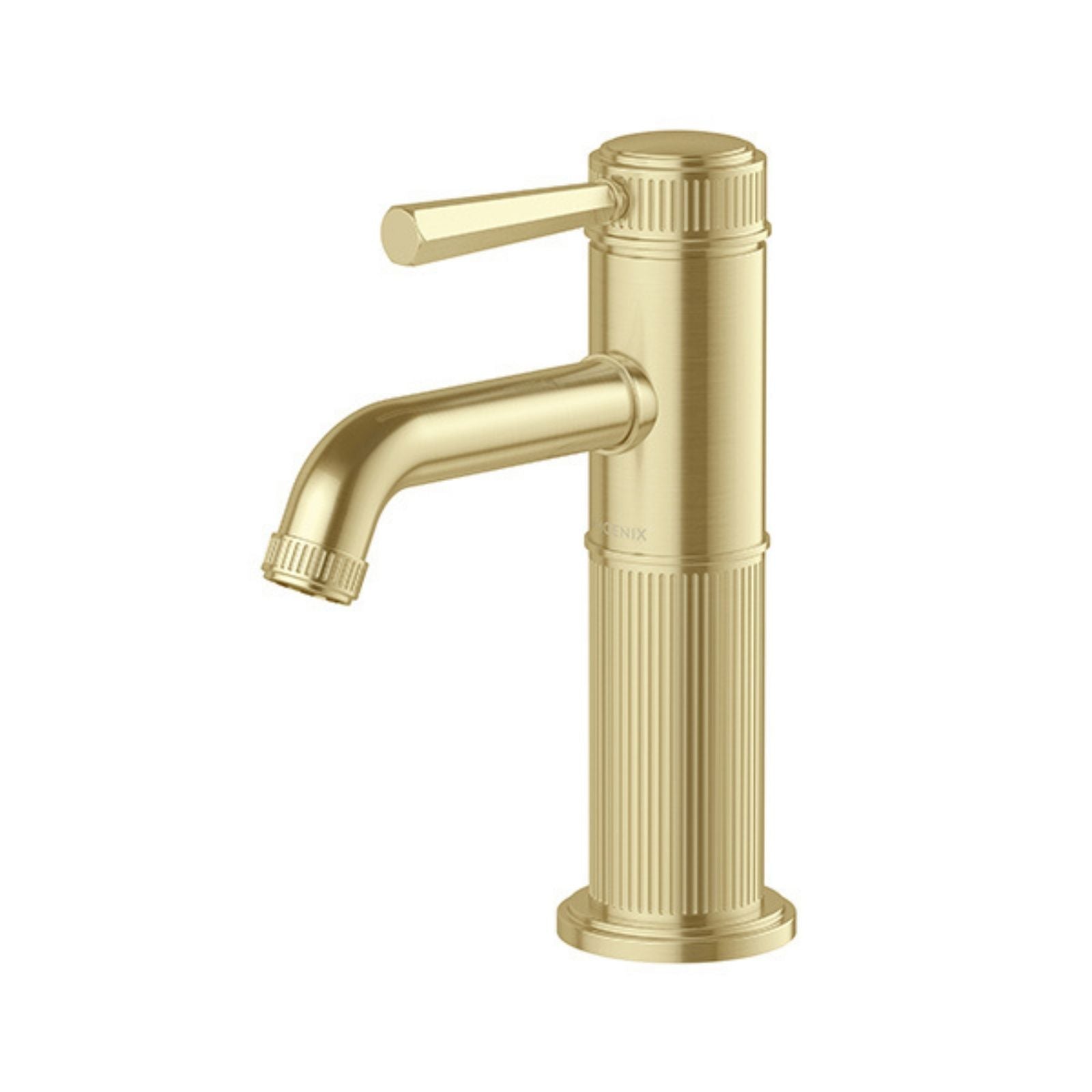 Phoenix Wiltern basin mixer in brushed gold, fluted Art Deco-style tap with curved spout on white background