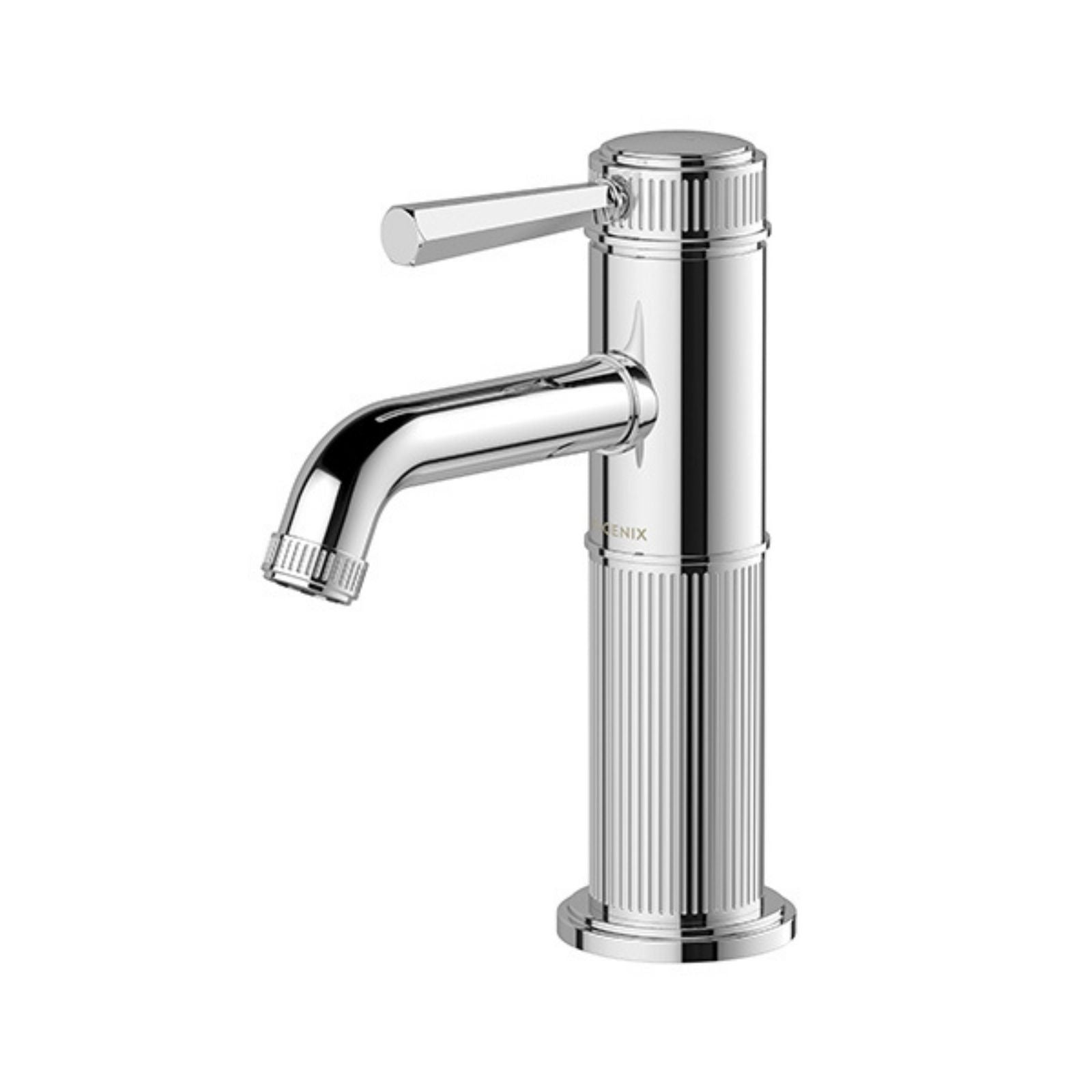 Phoenix Wiltern basin mixer in chrome, with fluted Art Deco body and faceted lever on a white background
