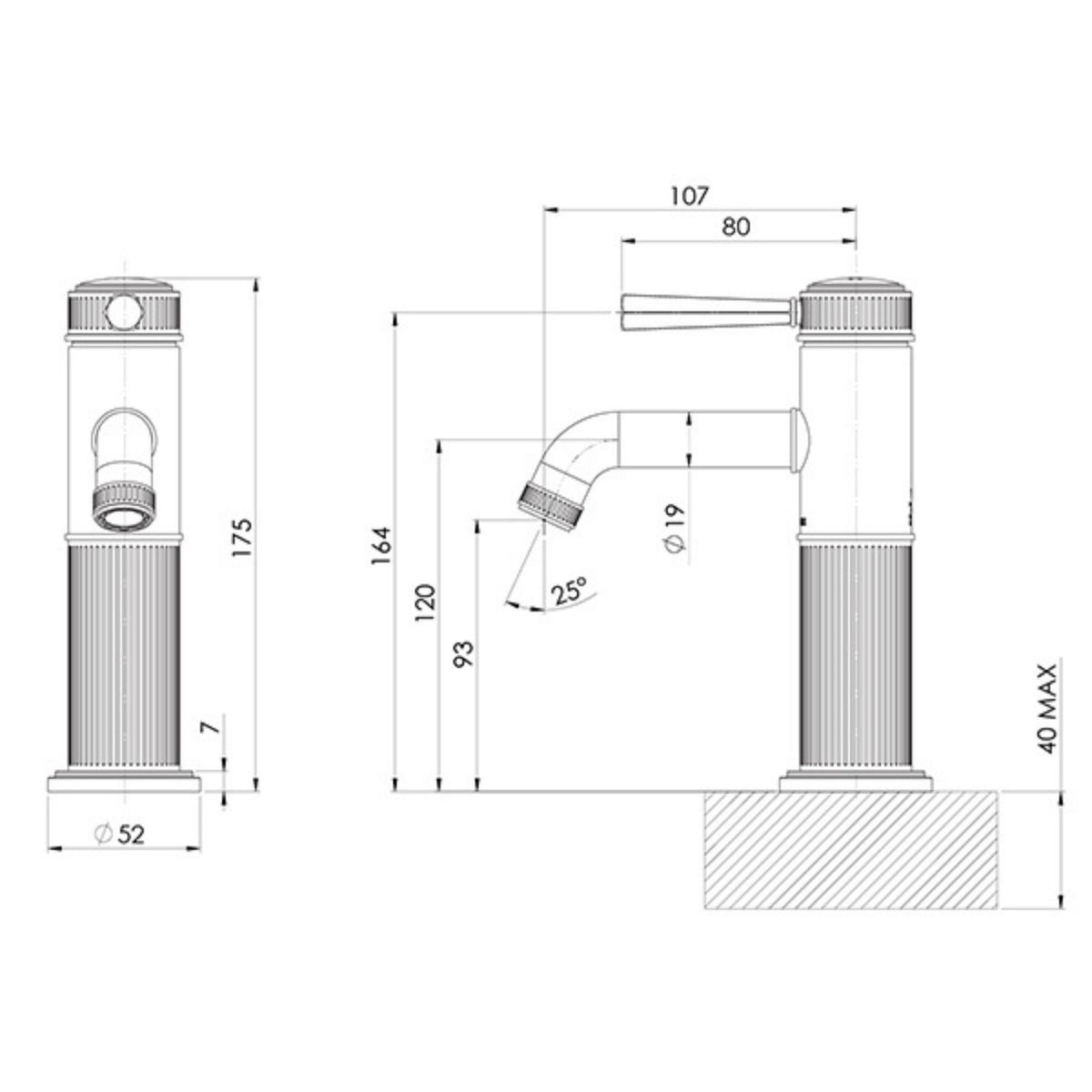 Technical drawing of Phoenix Wiltern basin mixer in chrome, showing front and side views with dimensions and 25° spout angle