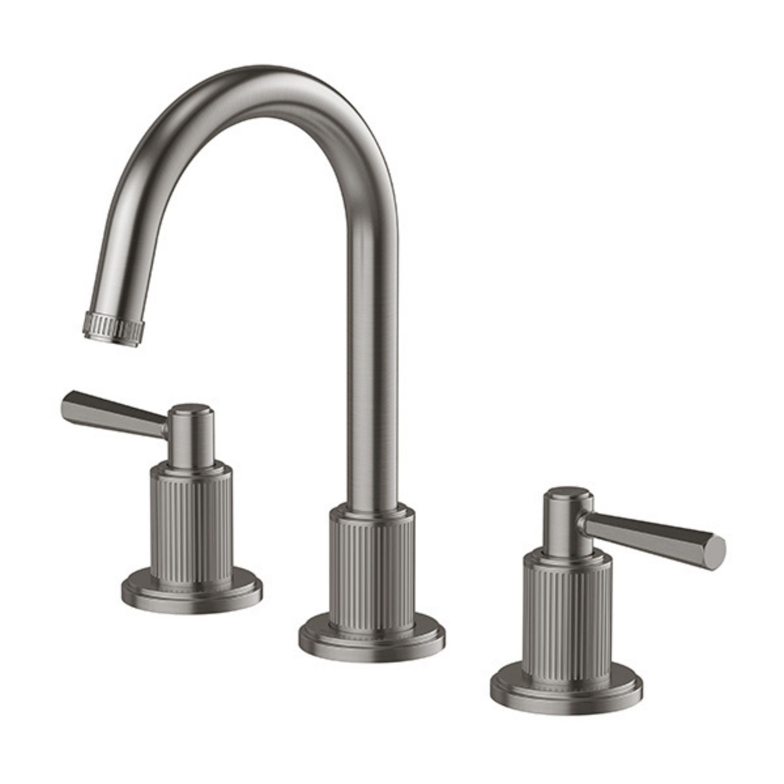Phoenix Wiltern 3 piece basin set in brushed carbon, with arched spout and fluted handles, front view on white background