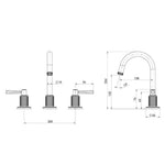 Technical drawing of Phoenix Wiltern 3-piece basin set in brushed gold, showing tap and spout dimensions and measurements