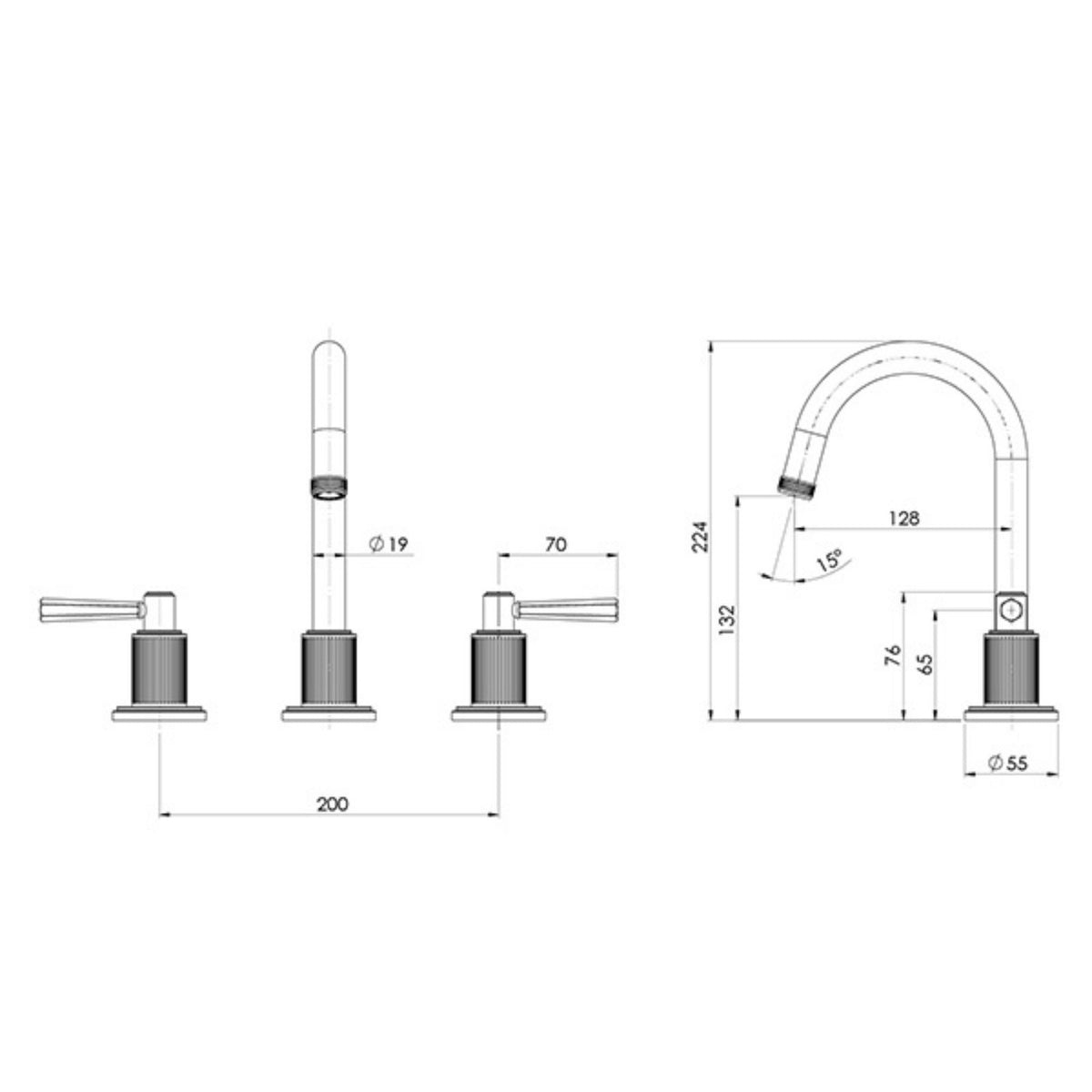 Technical drawing of Phoenix Wiltern 3-piece basin set in brushed gold, showing tap and spout dimensions and measurements