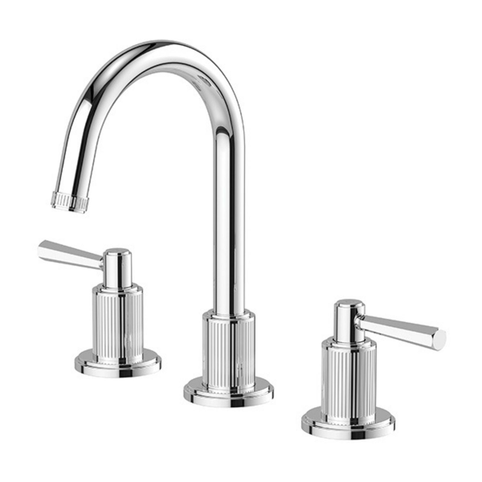 Phoenix Wiltern chrome basin set with curved fixed spout and two fluted lever taps, front view on white background