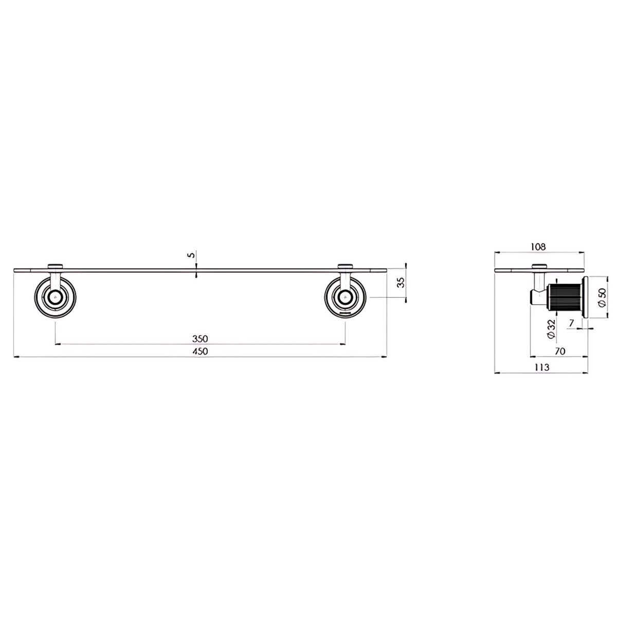 Phoenix Wiltern 450mm glass shelf technical drawing with dual concealed bracket and dimensions in brushed carbon grey