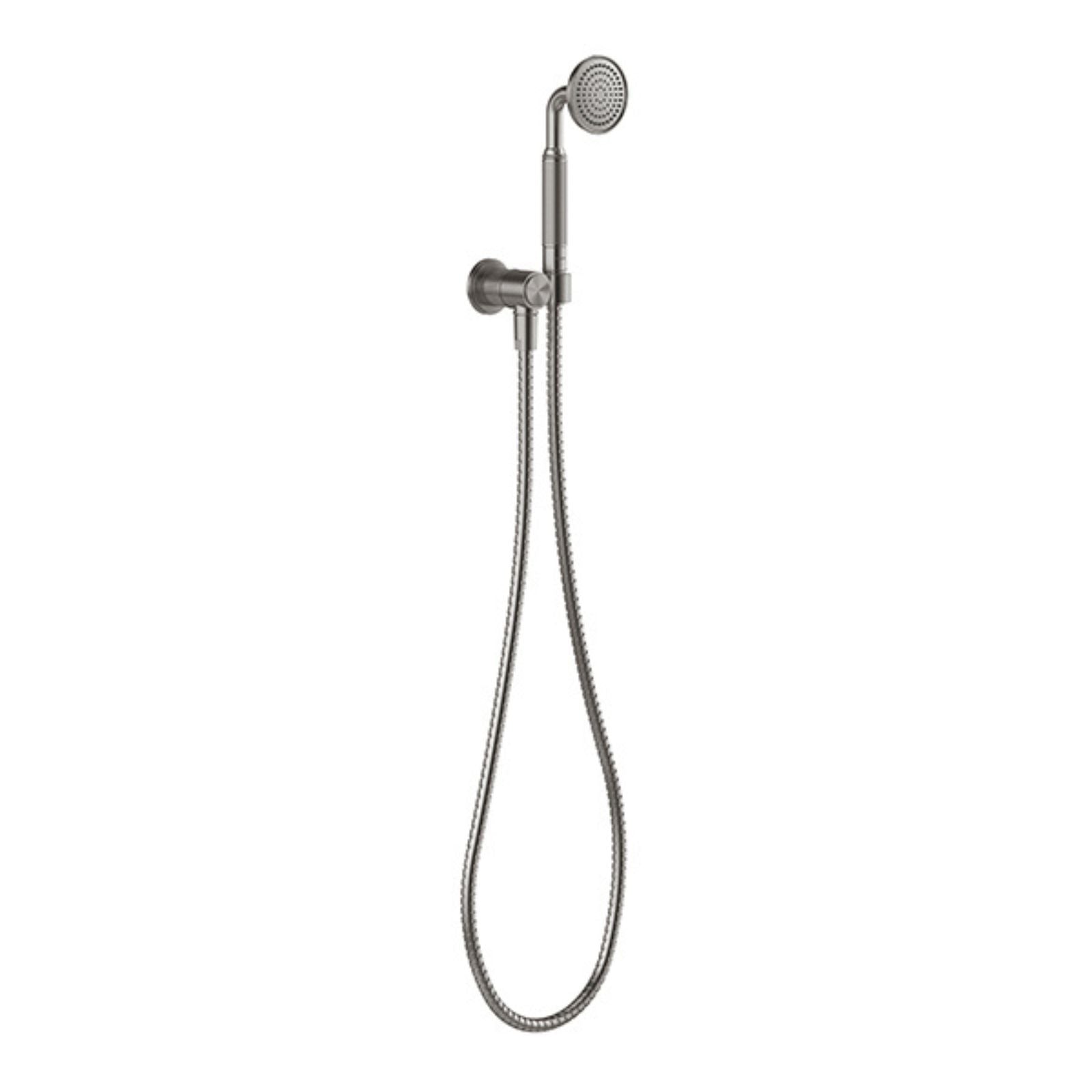 Phoenix Wiltern hand shower in brushed carbon with wall bracket and metal hose, single round head in gunmetal finish