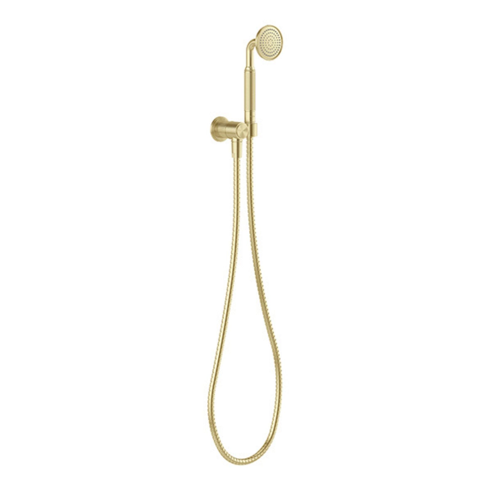 Phoenix Wiltern hand shower in brushed gold with hose and wall bracket, shown on white background