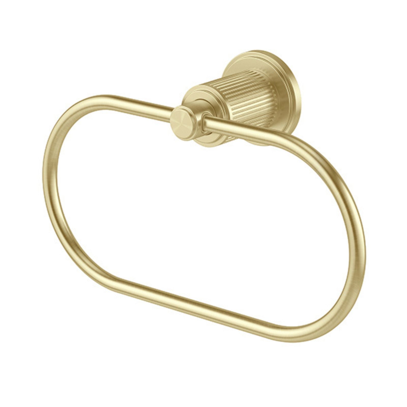 Phoenix Wiltern brushed gold hand towel holder with fluted round wall plate and oval ring on white background