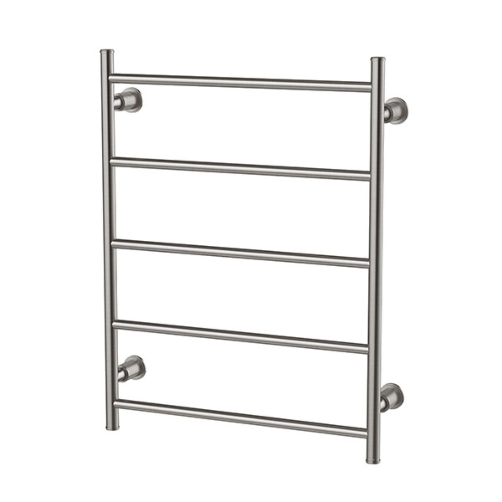 Phoenix Wiltern heated towel ladder in brushed carbon, 5-bar round stainless steel, front view on white background