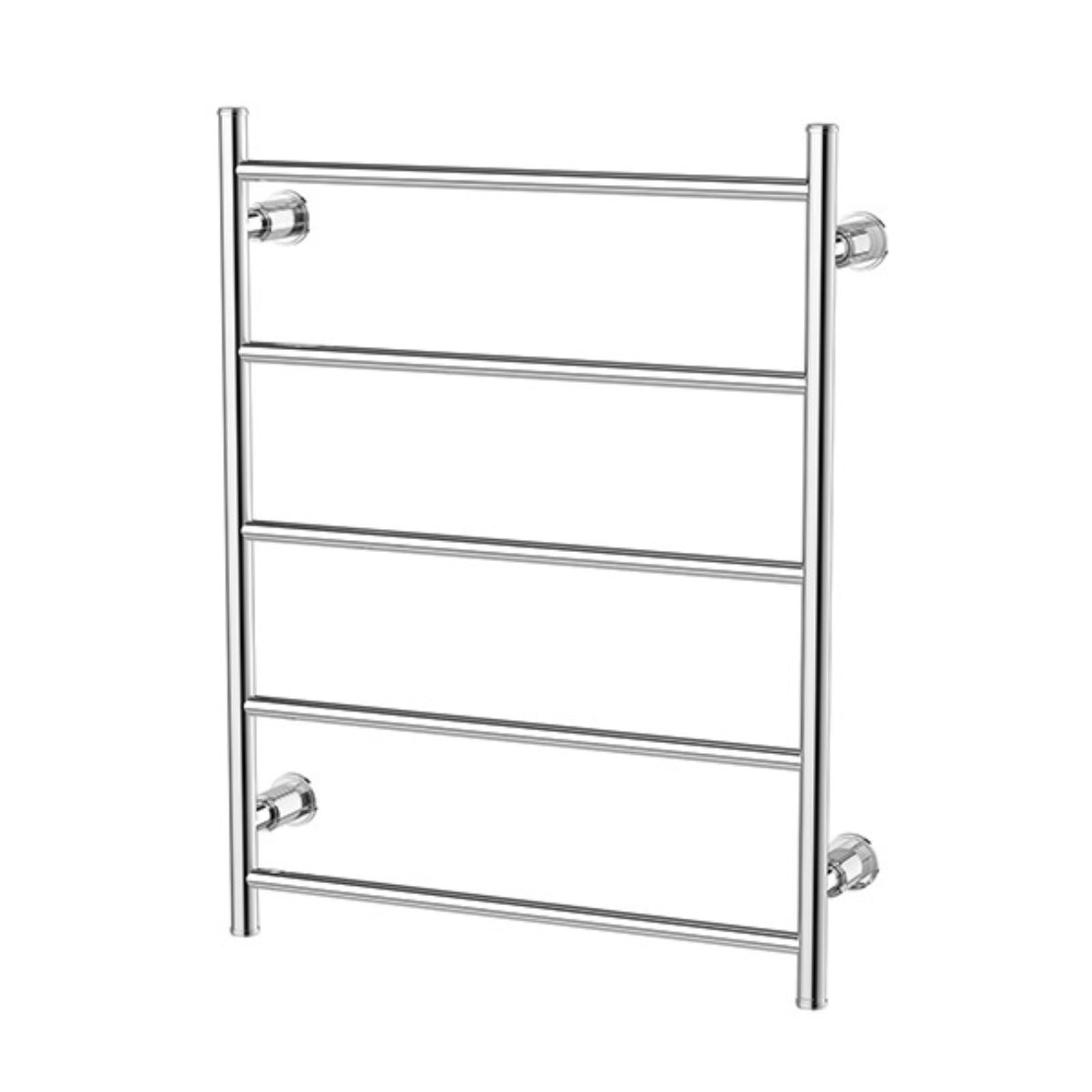Phoenix Wiltern heated towel ladder in chrome, front view, with 5 round bars and wall mounts on a white background