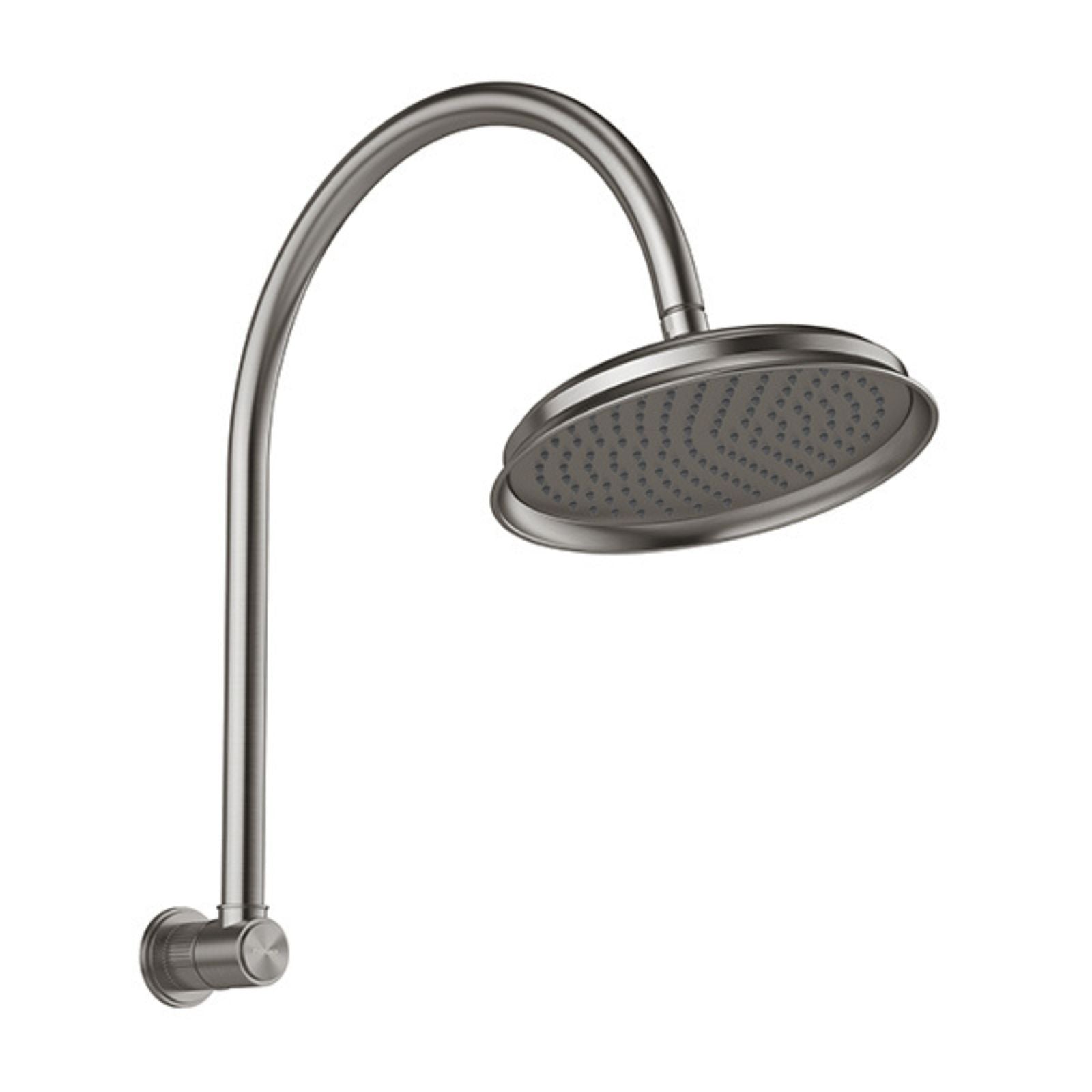 Phoenix Wiltern high-rise shower arm and rose in brushed carbon, curved wall-mounted shower head on white background