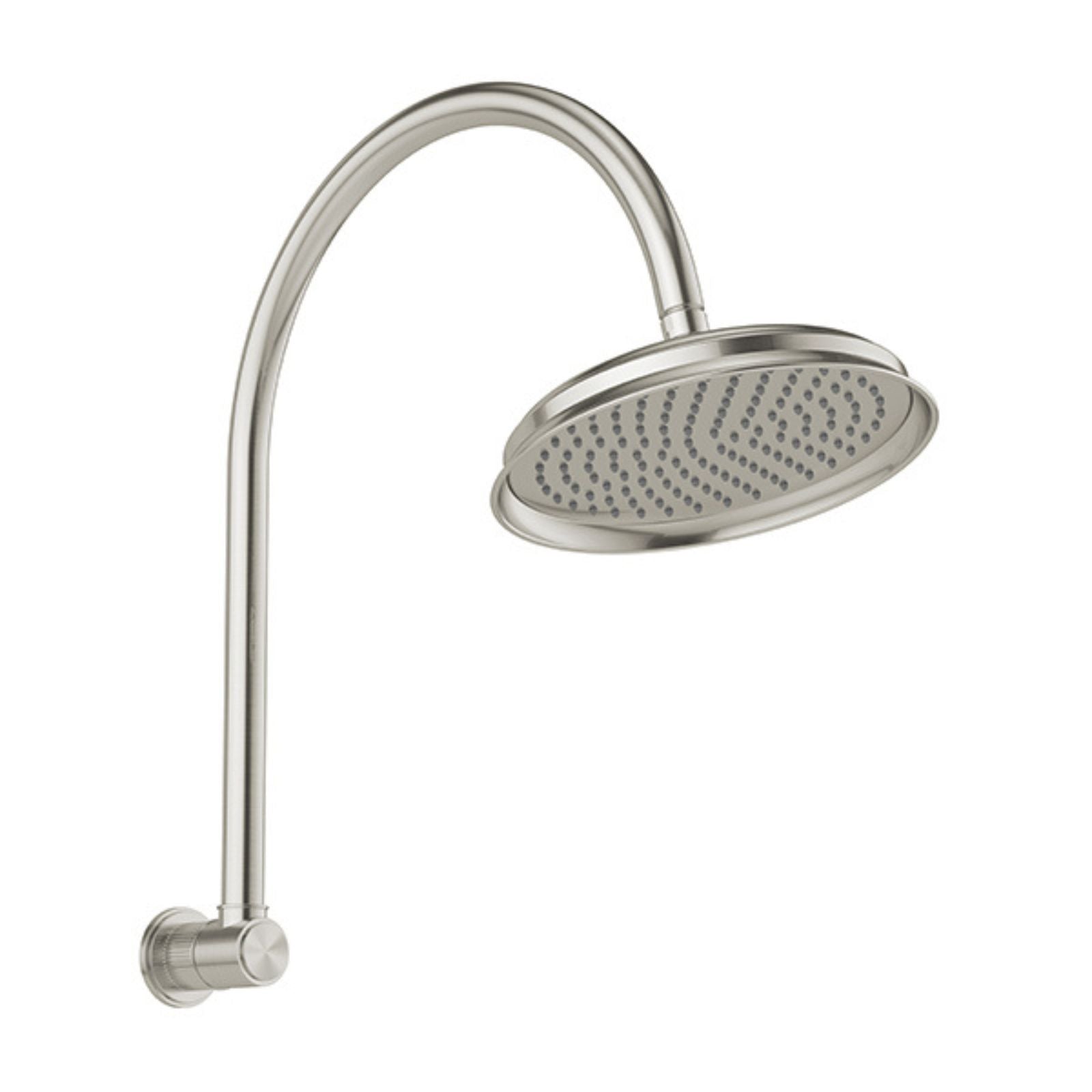 Phoenix Wiltern high-rise shower arm and rose in brushed nickel, shown front on against white background