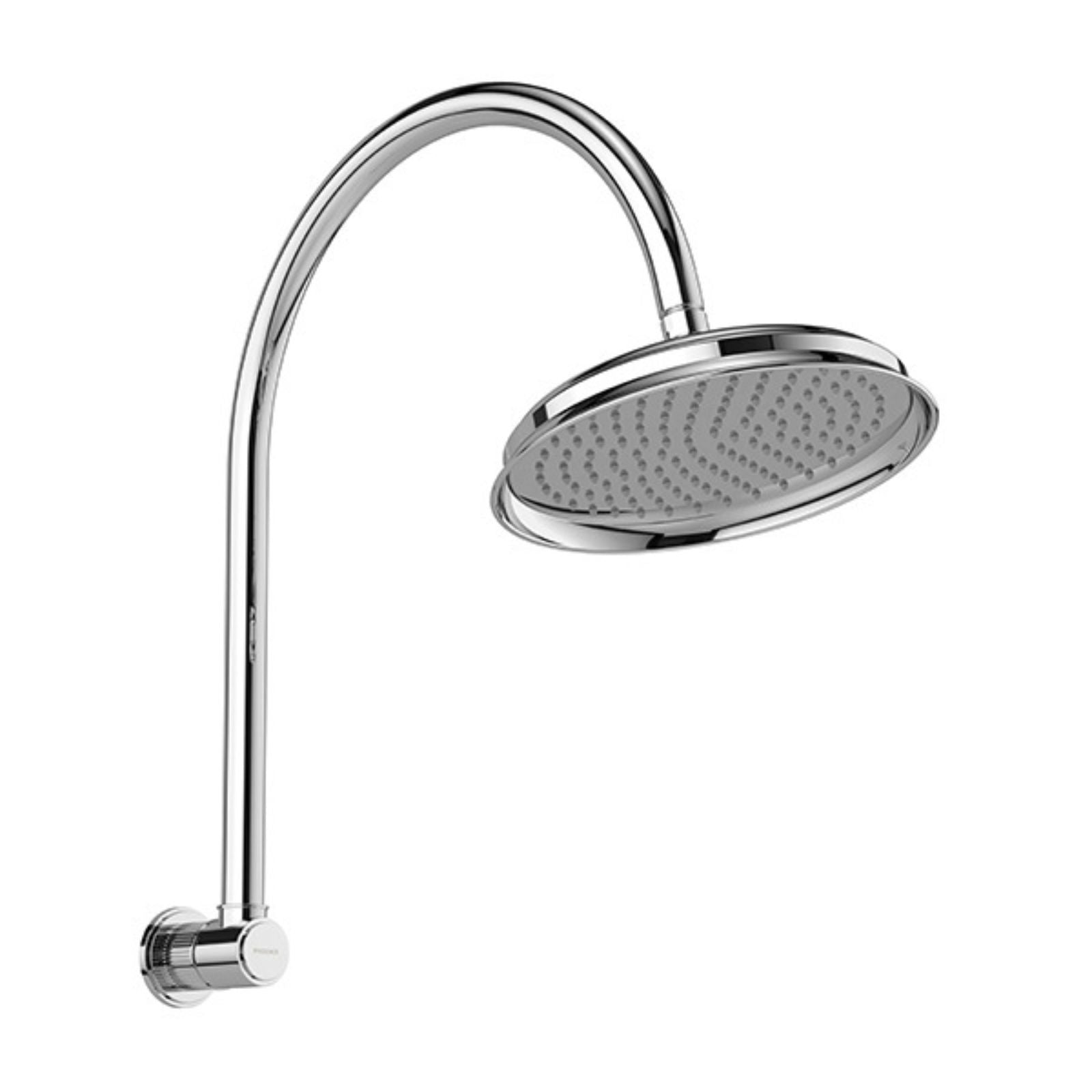 Phoenix Wiltern high-rise shower arm and rose in chrome, shown in a side view on a white background