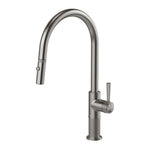 Phoenix Wiltern pull out sink mixer in brushed carbon, with tall curved swivel spout and fluted base, shown on white background
