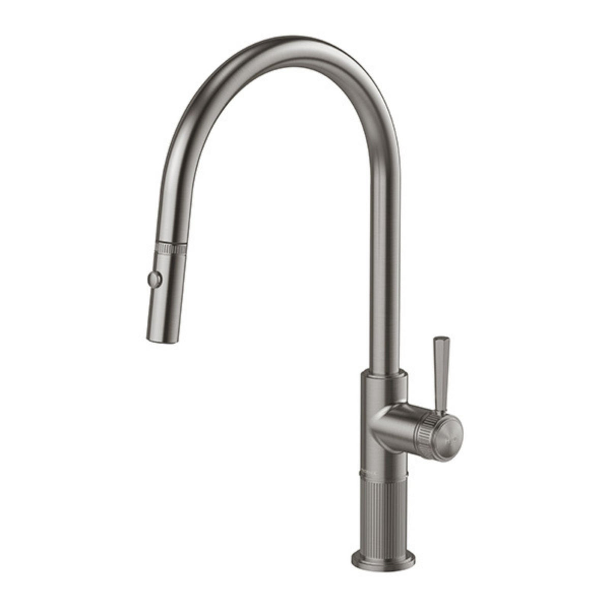 Phoenix Wiltern pull out sink mixer in brushed carbon, with tall curved swivel spout and fluted base, shown on white background