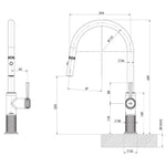 Technical drawing of Phoenix Wiltern pull out sink mixer in brushed carbon, showing dimensions, side and front views, hob mounted in sink bench.