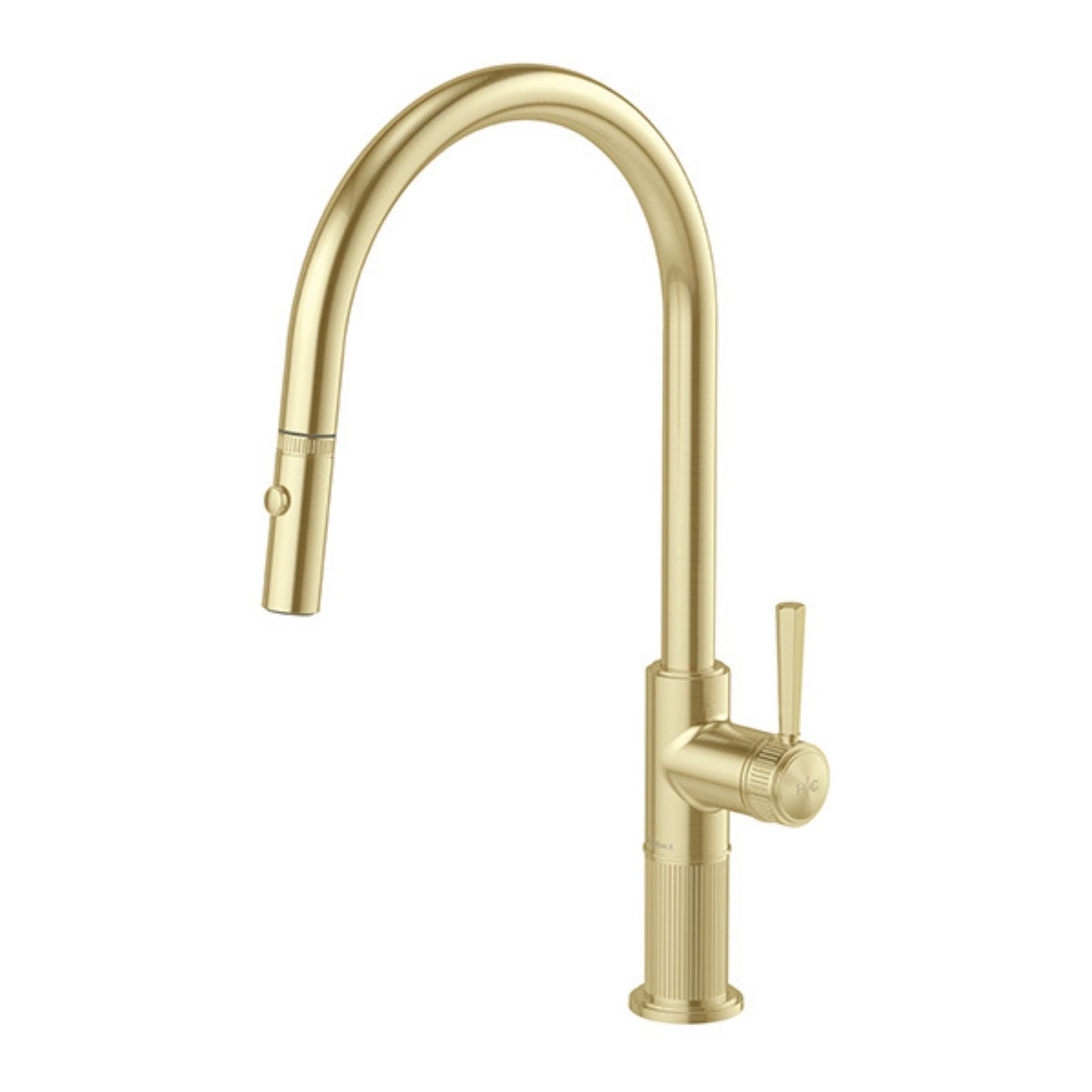 Phoenix Wiltern pull out sink mixer in brushed gold with high-arc swivel spout and single lever handle