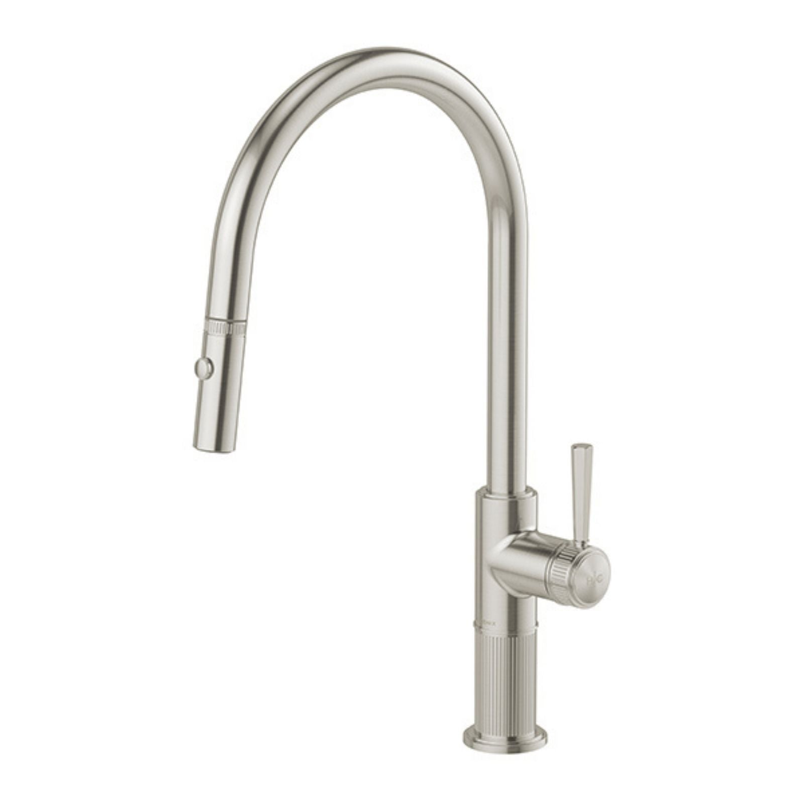 Phoenix Wiltern pull out sink mixer in brushed nickel, with curved swivel spout and fluted hob-mounted base shown on white background