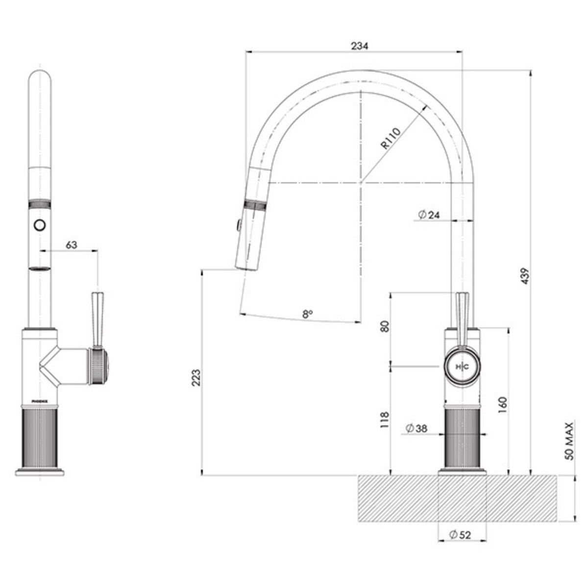Phoenix Wiltern pull out sink mixer technical drawing in chrome, showing side and front views with dimensions.